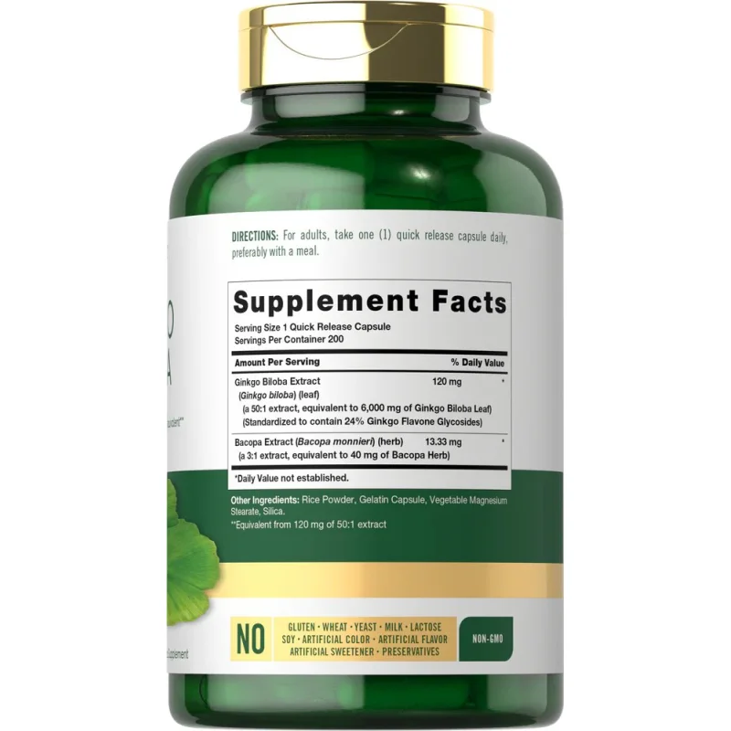 Carlyle Nutritionals - Carlyle გინკო ბილობა 120მგ & ბაკოპა 13.33მგ, 200 სწრაფად გამათავისუფლებელი კაფსულა პროდუქტის შემადგენლობა