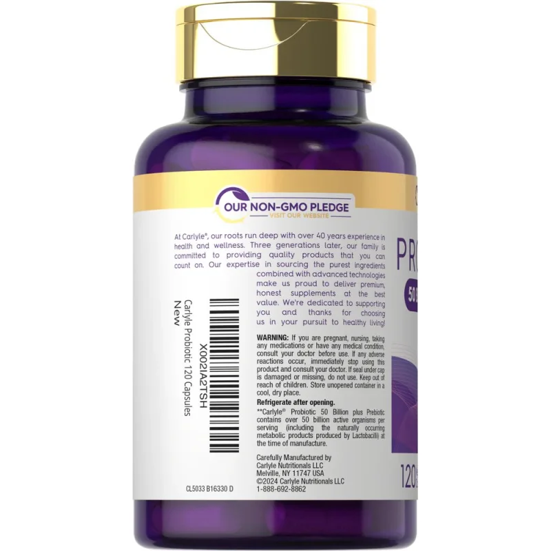 Carlyle Nutritionals პრებიოტიკი და პრობიოტიკი - უკანა ეტიკეტი გაფრთხილებებით